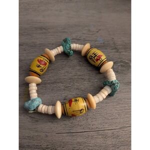 Vintage Southwestern Hand-Painted Bird‎ Bone Bead Bracelet | Turquoise Accents
